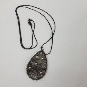 FI Signed Silver Tone Necklace Tear Drop Wire & Faux Pearl Wrapped Pendant